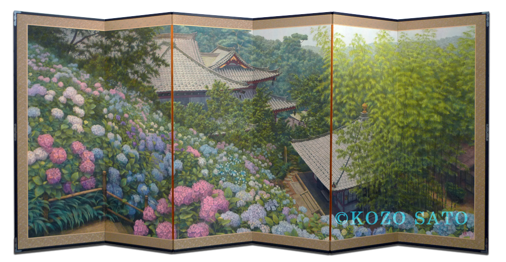 「紫陽花屏風」4043 x 1818 mm 2010年制作 鎌倉長谷寺蔵