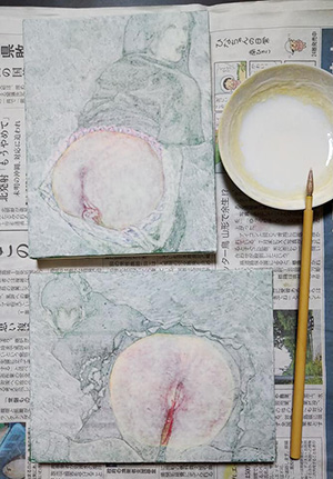 日本画家　佐藤宏三 「桃」peach　隠蔽工作　彩色