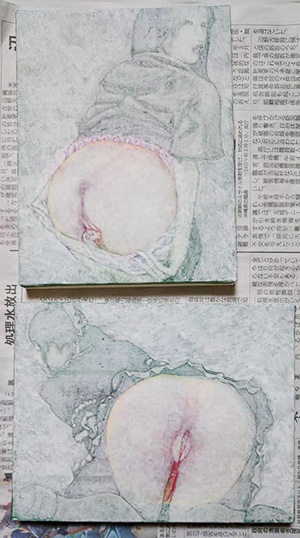 日本画家　佐藤宏三 「桃」peach　蓄光顔料　彩色