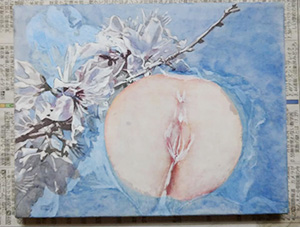 日本画家　佐藤宏三 「桃」peach　背景の隠蔽工作
