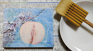 日本画家　佐藤宏三 「桃」peach　背景の隠蔽工作