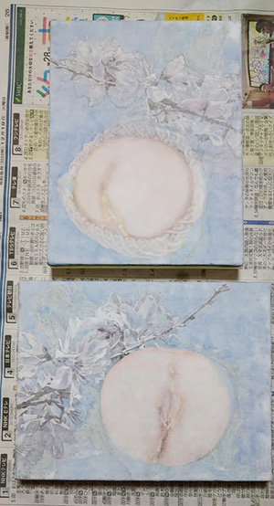 日本画家　佐藤宏三 「桃」peach　表彩色　水晶末