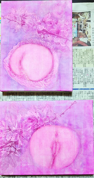 日本画家　佐藤宏三 「桃」peach　表彩色　洗い