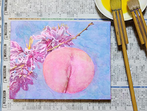 日本画家　佐藤宏三 「桃」peach　表彩色　桃