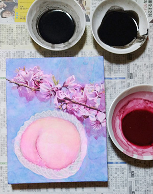 日本画家　佐藤宏三 「桃」peach　表彩色　墨と臙脂濃口　枝や花の描写
