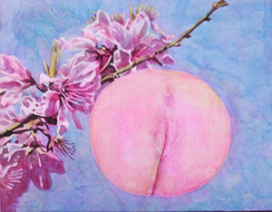 日本画家　佐藤宏三 「桃」peach　表彩色　墨と臙脂濃口　枝や花の描写