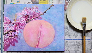 日本画家　佐藤宏三 「桃」peach　表彩色　蓄光顔料