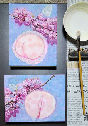 日本画家　佐藤宏三 「桃」peach　蓄光顔料による彩色