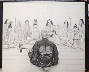 日本画家 佐藤宏三 Hidden Art「耳無し芳一」其壱 聴衆の隈取りと着物の柄等を骨描き