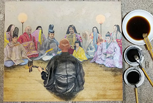 日本画家 佐藤宏三 Hidden Art「耳無し芳一」其壱 墨汁やクルミの煮汁で全体の調子を整える