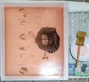 日本画家 佐藤宏三 Hidden Art「耳無芳一」其壱 本画 ブリリアントローズライトとガンボージ ドーサ液にて余分な絵具を洗う