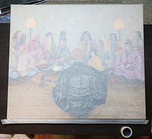 日本画家 佐藤宏三 Hidden Art「耳無し芳一」隠し絵用下図 パネル側面にマスキングテープで貼る