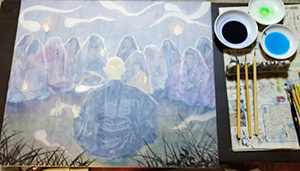 日本画家 佐藤宏三 Hidden Art「耳無し芳一」隠し絵用下図彩色