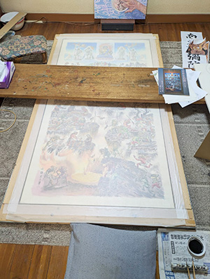 日本画家 佐藤宏三 Hidden Art「地獄極楽変相図」 木枠に下図はめ込み